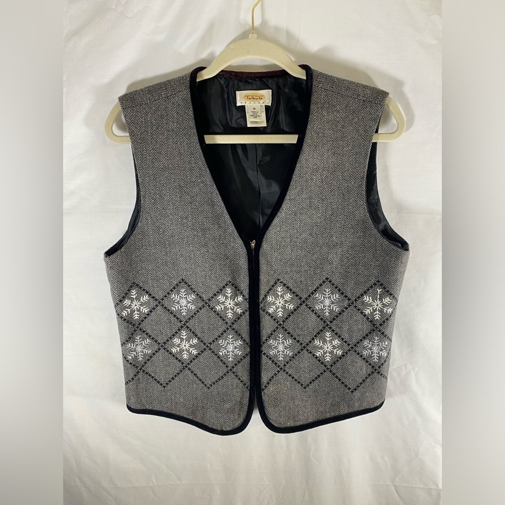 Talbots Nordic Wool Zip Argyle Snowflake Vest Petite Medium.